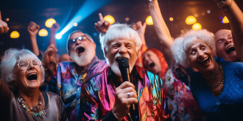 Group of senior friends enjoying a karaoke session at club.