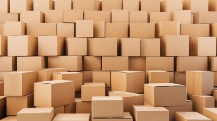 A huge pile of many cardboard boxes from crafting. The background is made of beige Boxes. The concept of moving, housewarming, delivery and transportation company, Freight Transportation.
