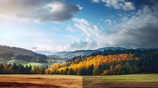 Panoramic image of autumn landscape with colorful trees and meadows