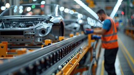 A worker on an assembly line working at industrial factory. Generative AI.