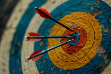 Precision and focus manifest in a trio of arrows, steadfast in their bullseye conquest, a metaphor for goals achieved.

