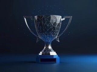 Trophy cup form lines and triangles, point connecting network on blue background. 