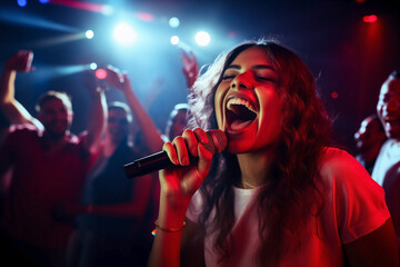 Woman rocking the karaoke mic at club.