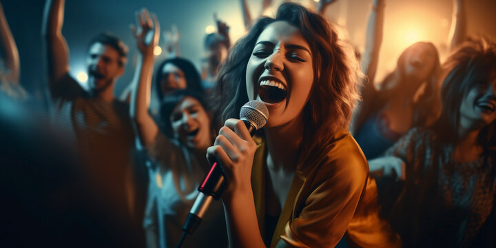 Friends creating unforgettable moments at karaoke club.