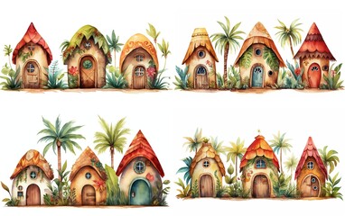Obraz premium watercolor cartoon illustration, cute beach cabin collection set on white background, Generative Ai