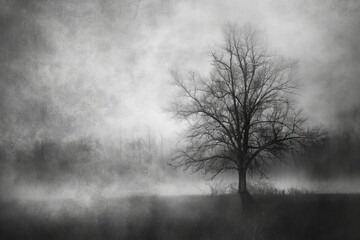 A solitary tree stands against a misty monochrome landscape, a silent sentinel in the quiet before dawn.


