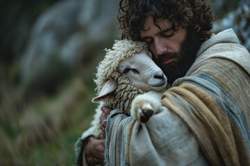 Jesus recovered lost sheep carrying it in his arms. Biblical story conceptual theme
