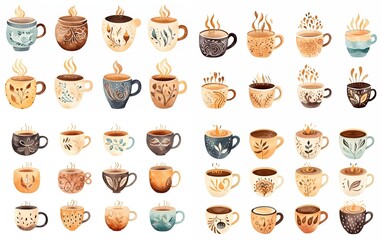 watercolor style illustration of glass of hot coffee with whipped cream, collection set, Generative Ai	
