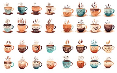 watercolor style illustration of glass of hot coffee with whipped cream, collection set, Generative Ai	
