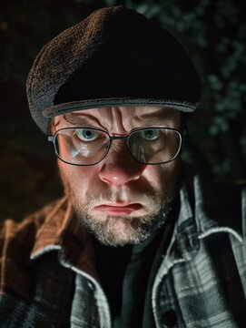 Portrait headshot photo of Angry man wearing eyeglasses and cap grinning at camera with anger or being strict and severe maniac like