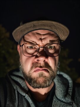 Portrait headshot photo of Angry man wearing eyeglasses and cap grinning at camera with anger or contorted with disgust