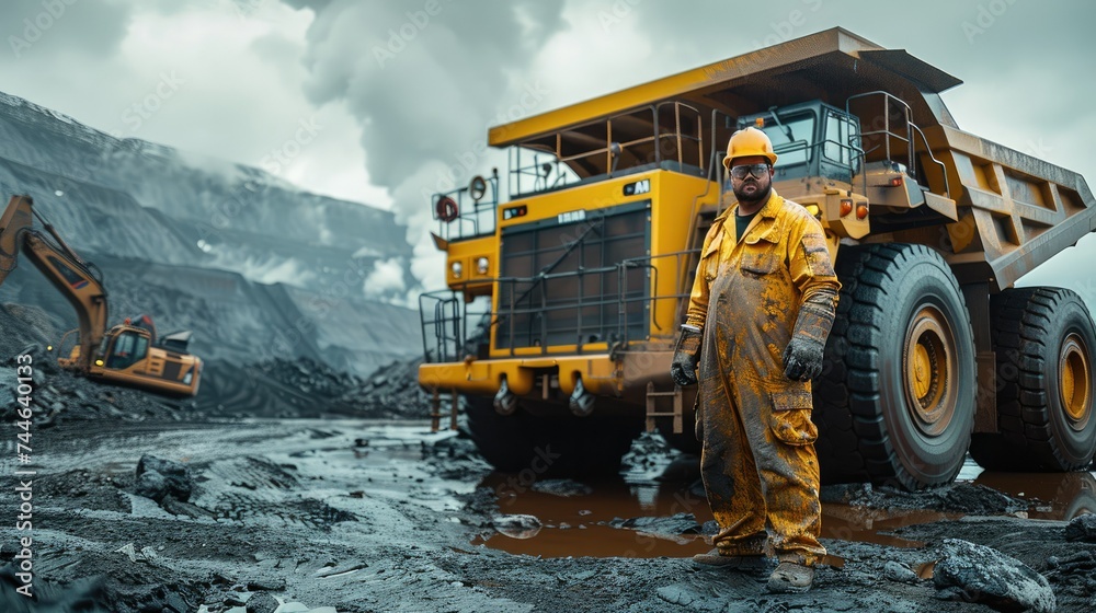 Poster a mine site worker in yellow work uniform overalls standing near heavy machinery. generative ai.