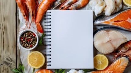 A high-definition snapshot of a meal planner notebook among a variety of fresh seafood, including salmon and shrimp, on a light wooden background.