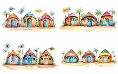 watercolor cartoon illustration, cute beach cabin collection set on white background, Generative Ai