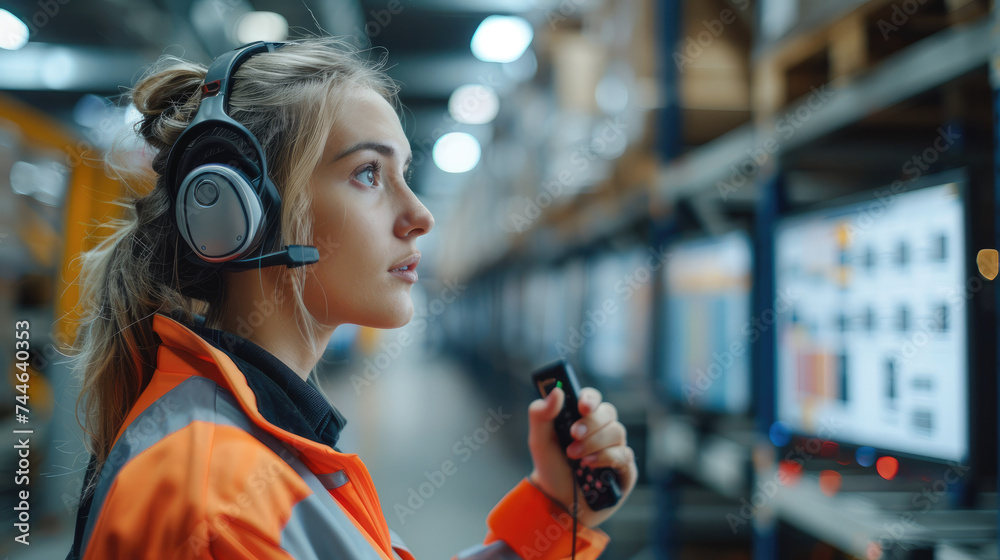 Poster A warehouse woman manager communicates through a handheld radio with a headset while stationed in front of multiple screens. Generative AI.