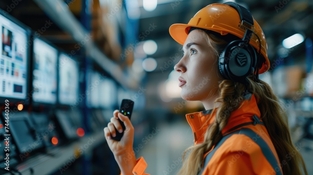 Aufkleber A warehouse woman manager communicates through a handheld radio with a headset while stationed in front of multiple screens. Generative AI.
