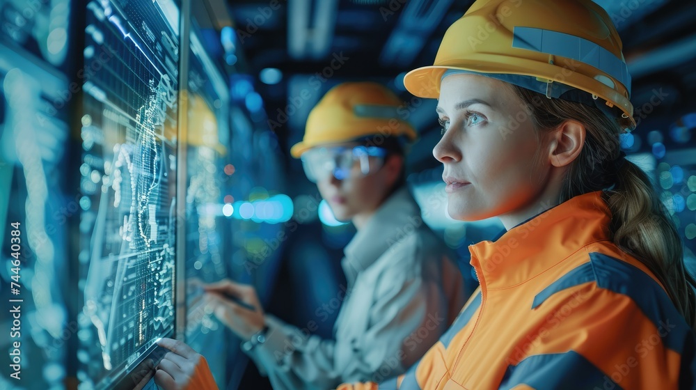 Poster A male and female technician in high-visibility jackets analyze data on a digital interface in a network operations center. Generative AI.