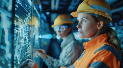 A male and female technician in high-visibility jackets analyze data on a digital interface in a network operations center. Generative AI.