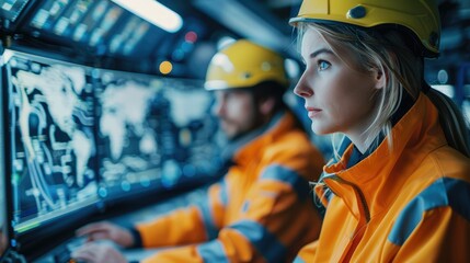 A male and female technician in high-visibility jackets analyze data on a digital interface in a network operations center. Generative AI.