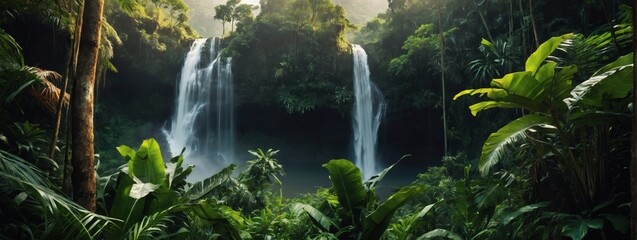 Steamy tropical jungle with exotic wildlife, waterfalls, and lush vegetation. Ideal for adventure and wildlife enthusiasts. 