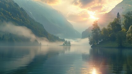 A mountain and river scenery with sunrise and misty clouds on the lake surface. Generative AI.