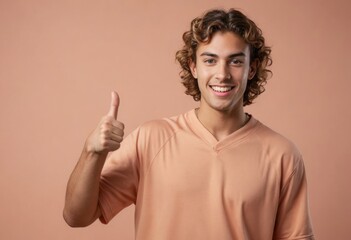 A man with curly hair and a peach shirt gives a thumbs up, his bright expression suggesting positivity and friendliness.