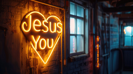 Illuminated Yellow Neon Sign Declaring Jesus Loves You, with Heart Shape Symbol / Icon and Dark Grey Wall Background and Dim Lighting - obrazy, fototapety, plakaty