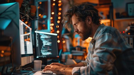 A man is testing an idea on a computer. Generative AI.