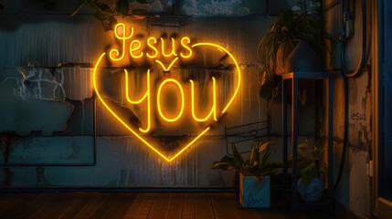 Illuminated Yellow Neon Sign Declaring Jesus Loves You, with Heart Shape Symbol / Icon and Dark Grey Wall Background and Dim Lighting