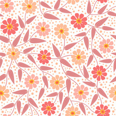 peach fuzz zinnia flower seamless pattern. orange ditsy floral print. botanical flower garden with polka dots background.