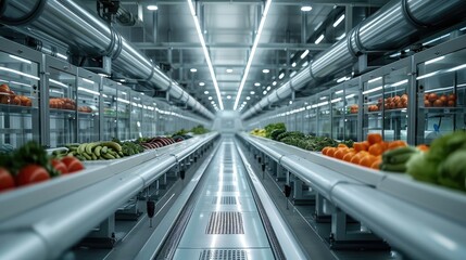 Future food processing, the entire production process is automated with all steps from raw material selection to final product packaging on an intelligent conveyor belt system. Generative AI. - obrazy, fototapety, plakaty