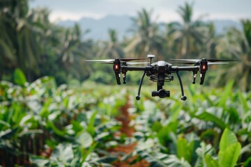 Drone flying over green agricultural field with tropical trees in the background.