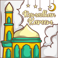 Obraz premium Ramadan mubarak banner flyer. Greeting card for traditional muslim holiday happy celebration. Islamic greeting poster. Vector illustration.
