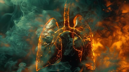 Bad Human lungs in blue and orange smoke on orange background for lung disease, 3d illustration