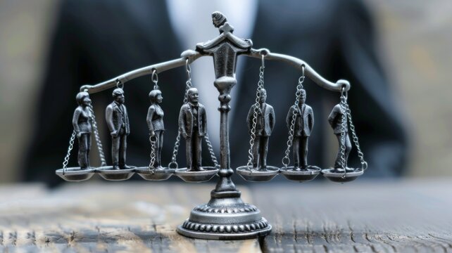 Close-up of a balanced scale with human figures representing justice or equality concept on a blurred background.