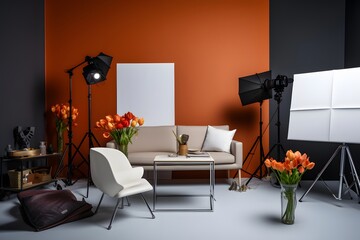 Interior of modern living room with orange wall, sofa and chair