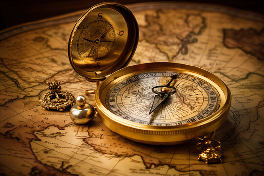 Old retro compass on ancient world map