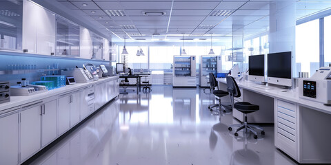Modern science laboratory with cabinets, research desks, computers and other analytic equipments - obrazy, fototapety, plakaty