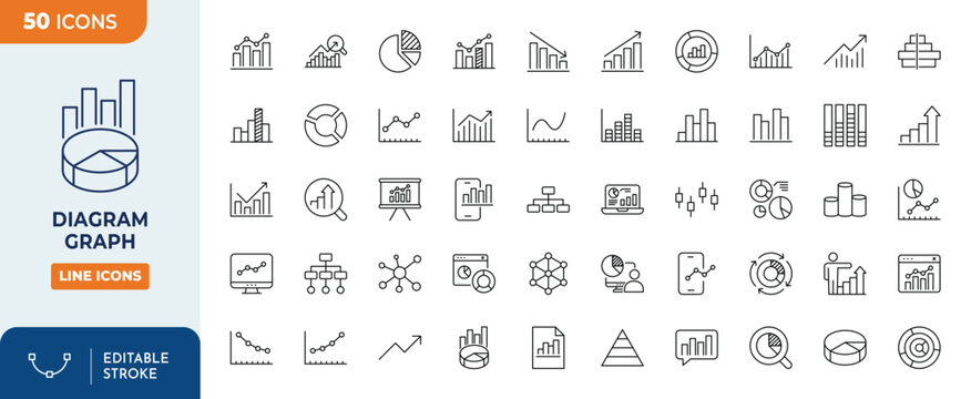 Diagram Graph Line editable icons set. Editable stroke. Vector illustration	