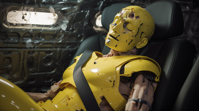 crash test dummy at impact. glass splittering. safety belt