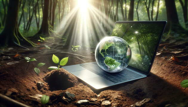 Conceptual image of an open laptop in a forest with a transparent globe on the screen, symbolizing global connectivity and environmental awareness.AI generated.