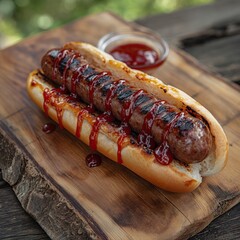 grilled sausage hotdog with ketchup served on a wooden cutting board. generative ai