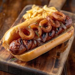 grilled sausage hotdog with fried onion rings  served on a wooden cutting board. generative ai - obrazy, fototapety, plakaty