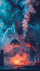 Scientist working in a dramatic laboratory with smoke, suitable for science and research themes