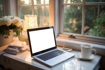 Cozy workspace with a laptop, flowers, and coffee on a wooden table near a window, creating a serene and inviting atmosphere for a productive workday in a beautifully decorated home office setting.