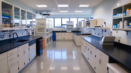 Modern laboratory interior with clean workspaces perfect for educational and medical research...