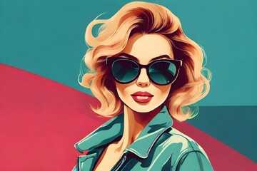 Young beautiful female fashion model in sunglasses. Poster or flyer in trendy retro colors. Vector illustration. Concept of design, fashion, vintage style