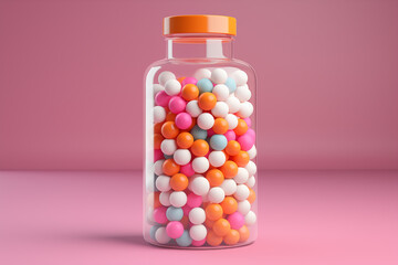 A jar with pills on a pink background.