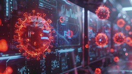 Digital image of virus against black background against blue background with vignette, Coronavirus outbreak and pandemic concept