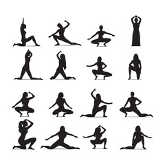 Yoga Positions. Silhouettes icons set, Silhouettes of people doing yoga